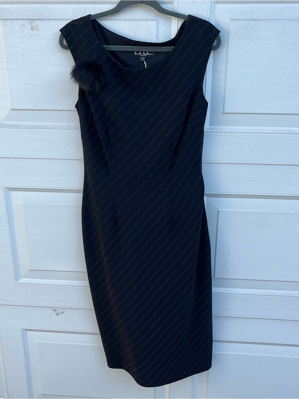 VTG Nicole Miller new york Black Pinstripe Sheath Dress with Fur Pom Accent 10